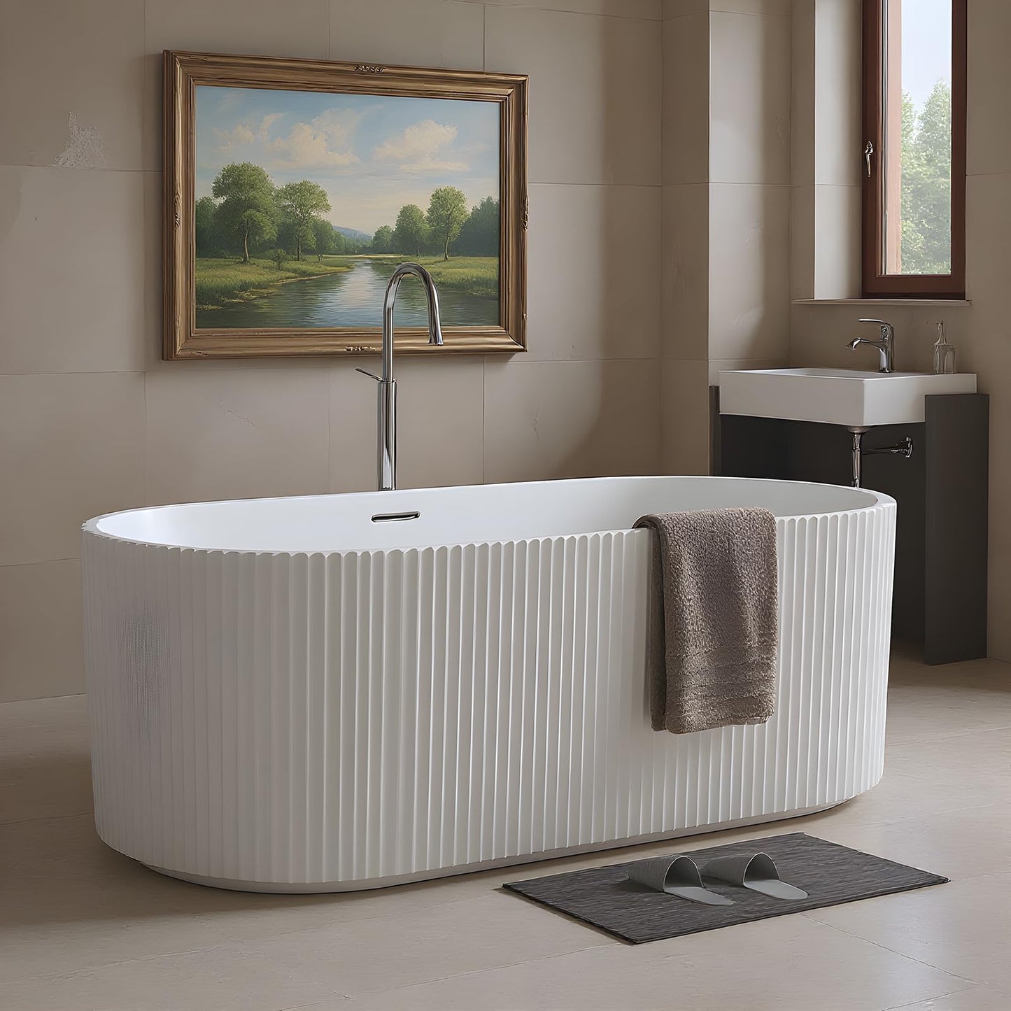 59'' Freestanding Bathtub, Deep Acrylic Soaking Tub with Non-Slip Base, cUPC Certified Modern Free Standing Tub, Chrome Drain, White Bath Tub for Bathroom Remodel and Spa-Like Comfort
