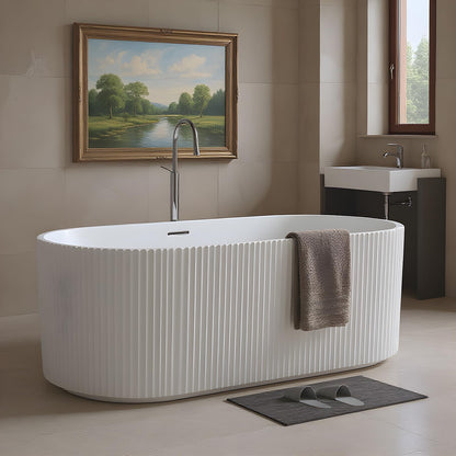 59'' Freestanding Bathtub, Deep Acrylic Soaking Tub with Non-Slip Base, cUPC Certified Modern Free Standing Tub, Chrome Drain, White Bath Tub for Bathroom Remodel and Spa-Like Comfort