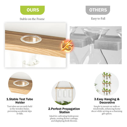 XXXFLOWER Wall Hanging Propagation Station with Wooden Stand Glass Test Tubes Tiered Planters Wall Terrarium for Home Office Plant Hanger Flower Vases Wall Decor Hydroponic Cuttings (9 Tube Vases)