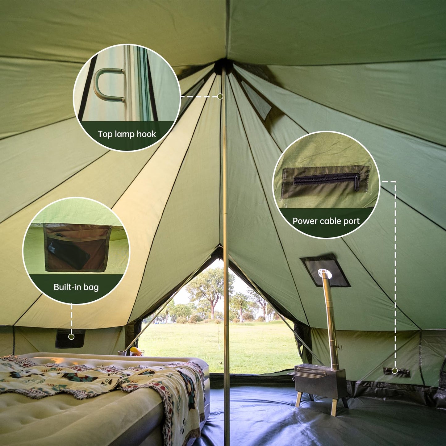 Bell Tent with Stove Jack – Spacious 13.1ft Family Glamping Yurt, 4-6 Person, 4 Season, Easy Setup, Waterproof, Ventilated Outdoor Shelter (13.1ft(Green)