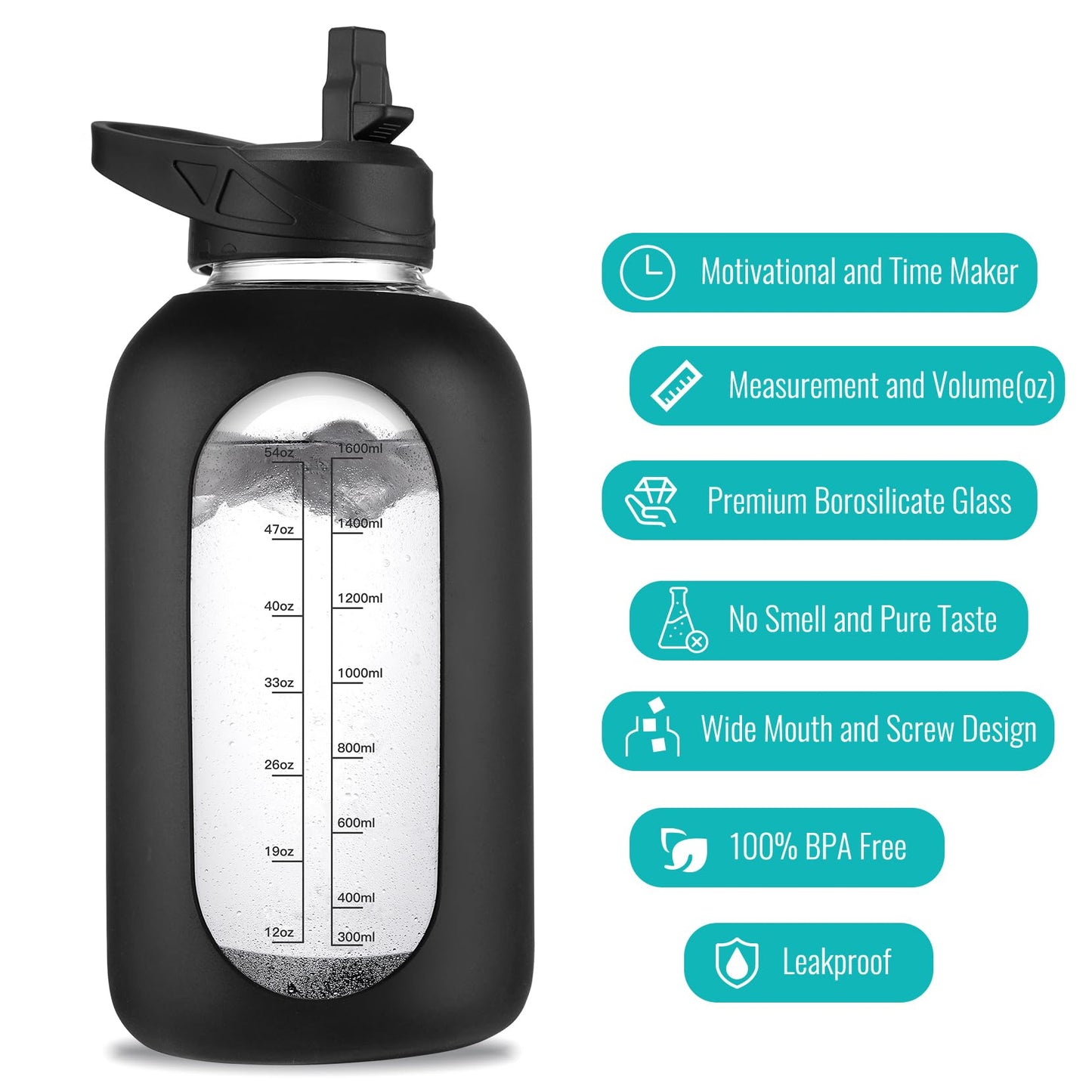 EALGRO 64 oz Glass Water Bottle With Straw and Handle, Half Gallon Sports Motivational Water Jug Flask with Silicone Sleeve, Large Water Cup with Time Marker for Travel, Gym, Black