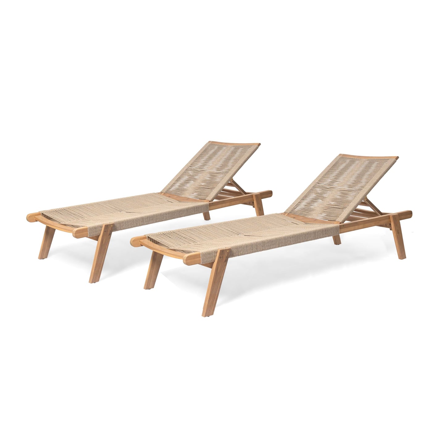 Christopher Knight Home Set of 2 Outdoor Patio Wood Adjustable Chaise Lounges with Rope Seating, Rope Chaise Lounge with Acacia Wood Frame, Chaise Lounge for Poolside, Balcony, Yard, Teak+Beige