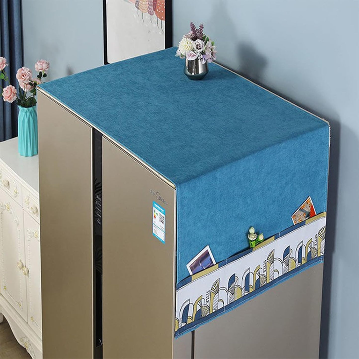 Fridge Dust Cover with Storage Pockets, Anti-Slip Washer and Dryer Top Cover - Blue