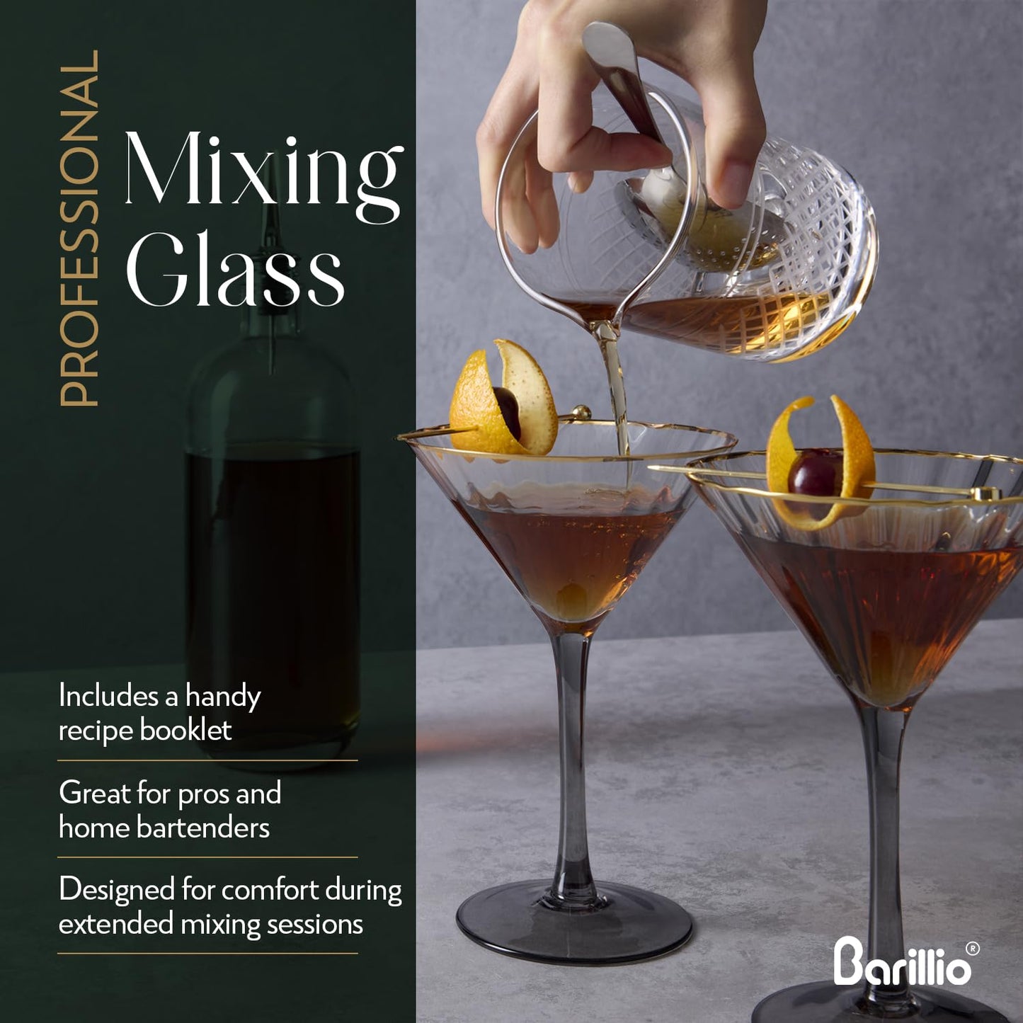 Barillio 20 Oz Crystal Cocktail Mixing Glass with Bamboo Stand & Bar Tools | Seamless Lead-Free Crystal, Weighted Base Stirring Pitcher | Including Muddler, Mixing Spoon, Jigger and Strainer