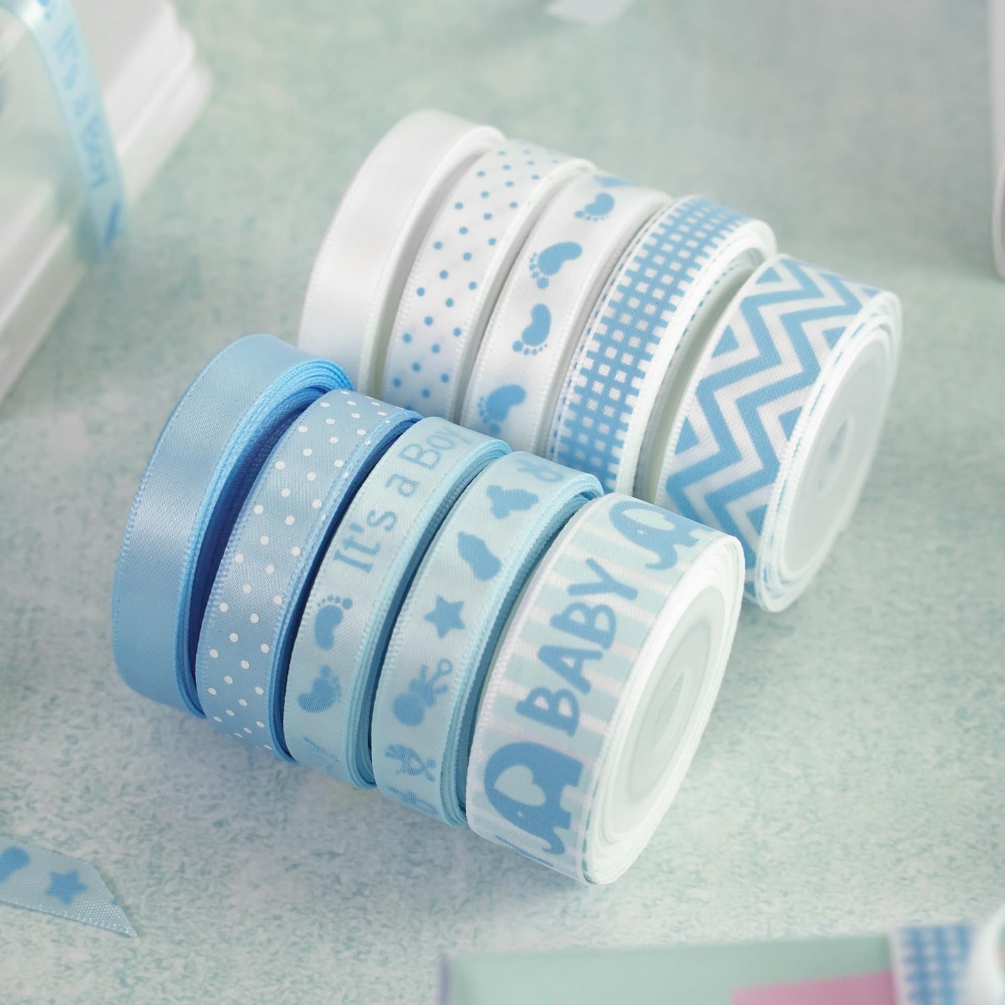 HUIHUANG Baby Blue Ribbon for Baby Shower Its A Boy Blue Ribbons Assorted Foot Print Elephant Satin Ribbon for Gift Wrapping Crafts Diaper Cake Baby Shower Birthday Favor-5 Yards Each Total 50 Yards