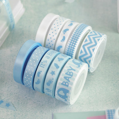 HUIHUANG Baby Blue Ribbon for Baby Shower Its A Boy Blue Ribbons Assorted Foot Print Elephant Satin Ribbon for Gift Wrapping Crafts Diaper Cake Baby Shower Birthday Favor-5 Yards Each Total 50 Yards