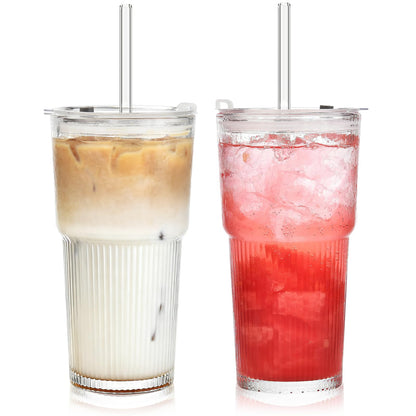 ALINK 20oz Glass Tumblers with Lids and Straws, Set of 2 - Stylish Ribbed Design Drinking Glasses for Iced Coffee Cups, Juice, Smoothies, Cold Beverages, Includes Cleaning Brush, Durable Glassware