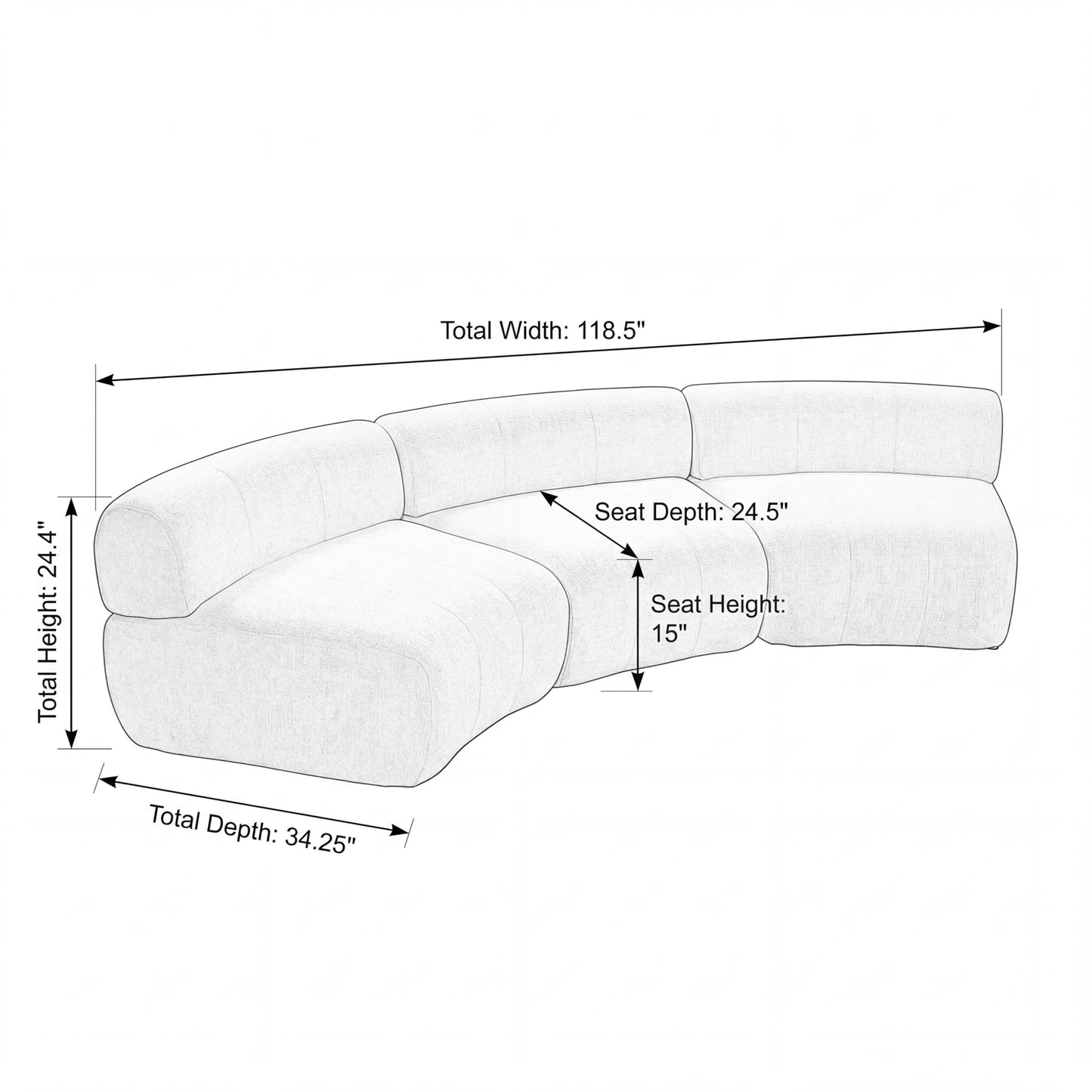 Christopher Knight Home Amino 118.5" Modular Sectional Sofa Chair, Modern Curved 3-Seater Large Sofa Couches, Comfy Upholstered Sectional Cloud Couch for Living Room, No Assembly Required, Beige