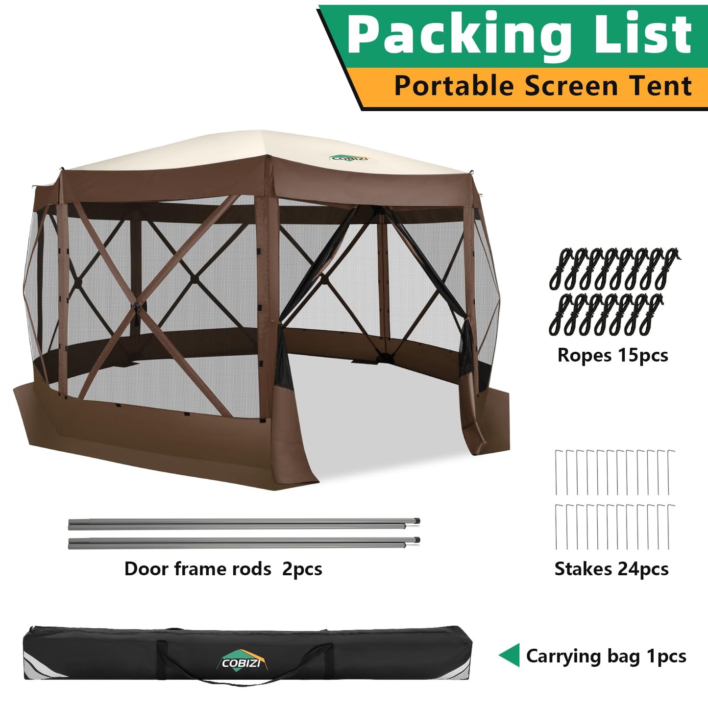 COBIZI 15x15FT Pop Up Gazebo Screen Tent Screen House for Camping, Screen Room with Mosquito Netting, Hub Tent Instant Screened Canopy with Carrying Bag and Ground Stakes, Brown