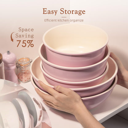 Astercook 21 Pcs Pots and Pans Set Non Stick, Ceramic Cookware Set Detachable Handle, RV Kitchen Cooking Set Removable Handles, Oven Safe, Induction Ready, Stackable, Pink, Mothers Day Gifts