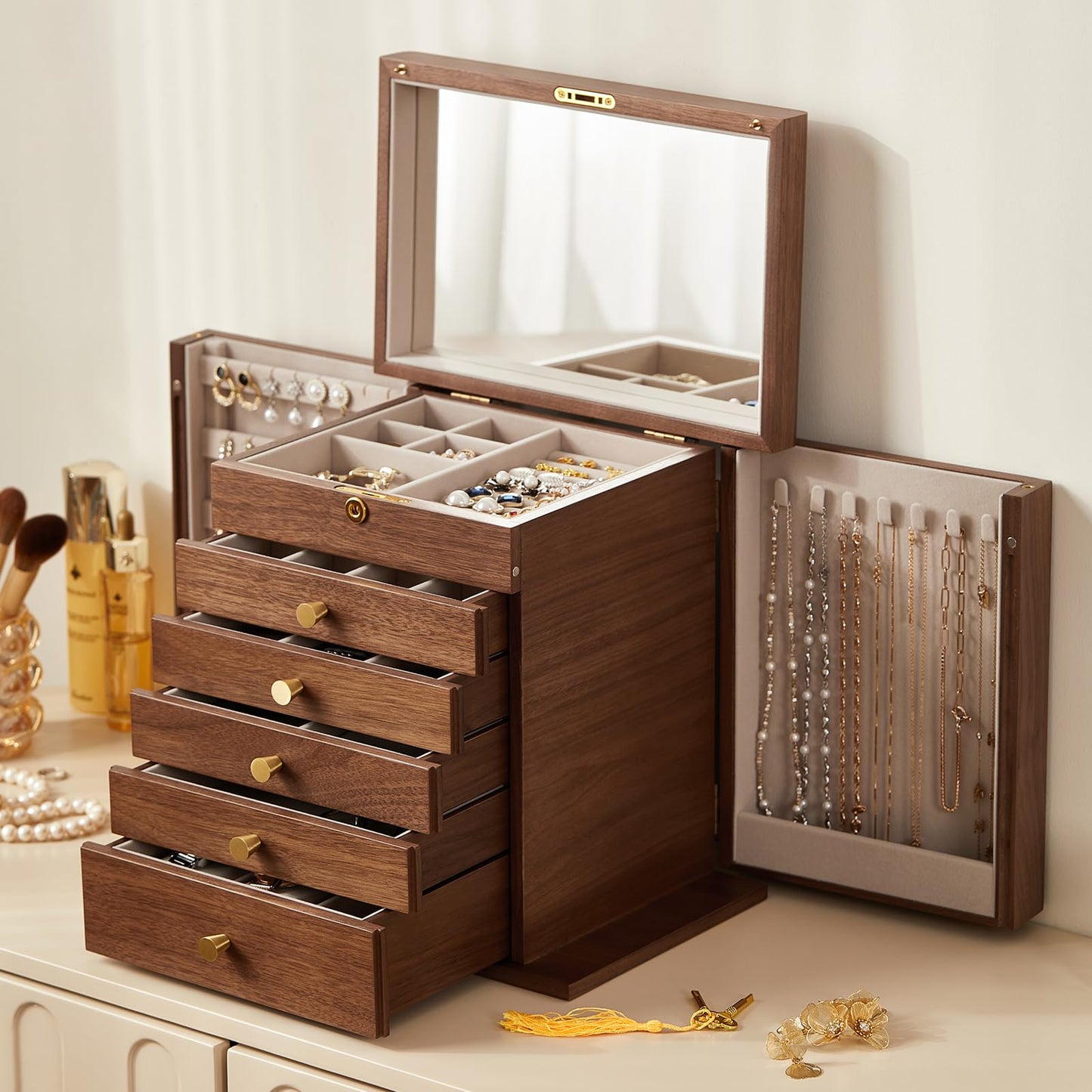 Homruilink Black Walnut Wooden Jewelry Box, Wood Jewelry Organizer with 2 Side Doors Mirror Lockable Classical Style for Watch Necklace Ring Earring Storage, Ideal Gift-6 Layer