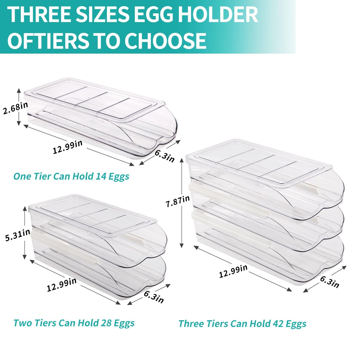 RoskDeewat Egg Holder for Fridge, Automatic Rolling Egg Container for Refrigerator, Stackable Fridge Organizers and Storage with Lid, Clear Plastic Egg Dispenser & Tray (2 Tier)