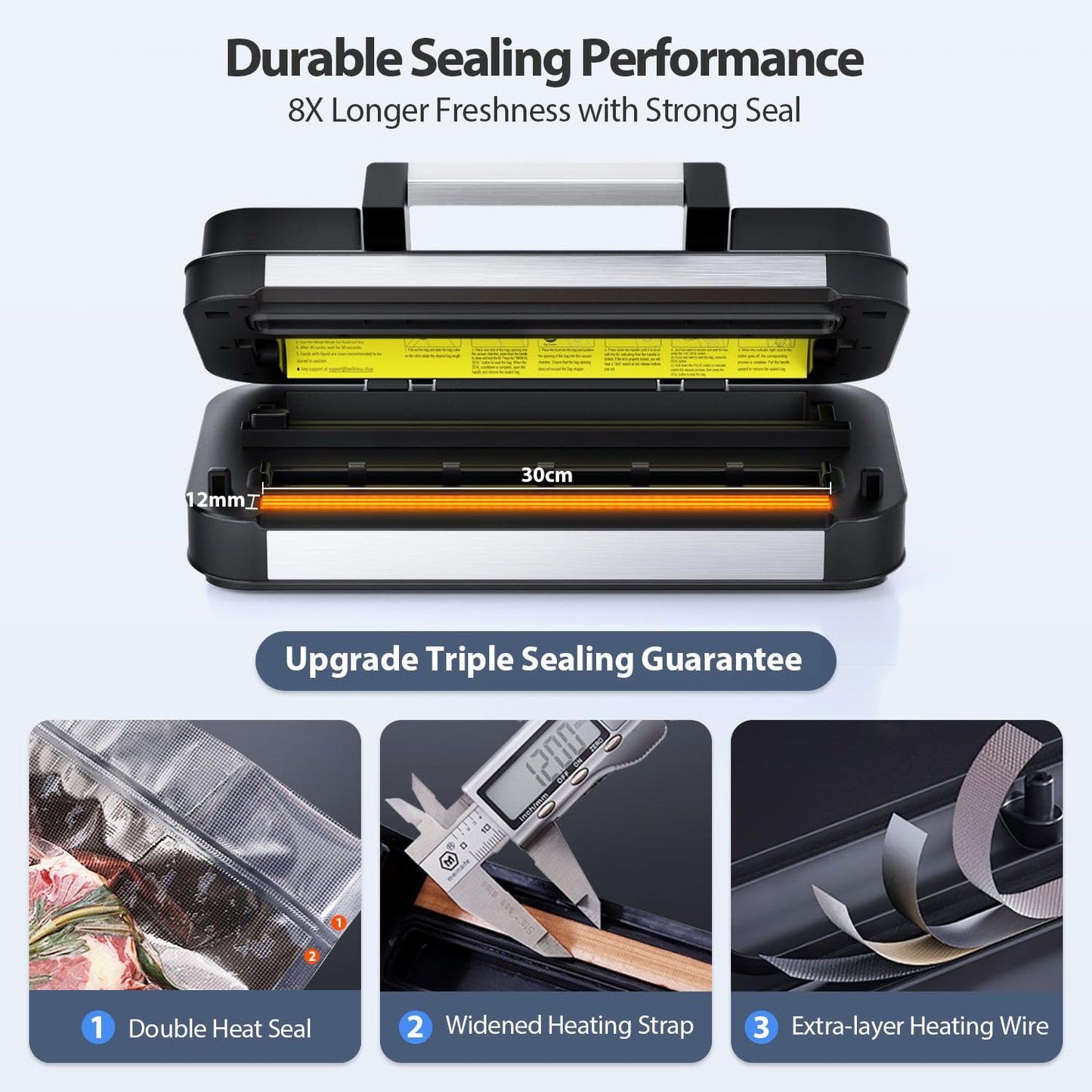 95Kpa Precision Pro Vacuum Sealer, with Double Heat Seal & Dual-Pump for Dry/Moist Food, 2X Strength, Food Vacuum Sealer Machine with Easy-Lock Handle, Built-in Cutter & Bag Storage, Stainless Steel