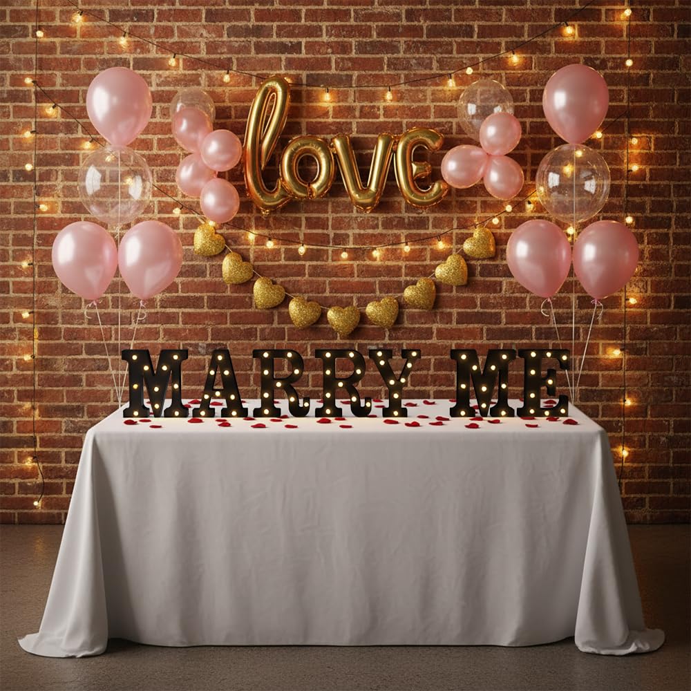Black Marry Me LED Marquee Sign Light Up Letters, LED Marry Me Sign Marquee Letter Lights, Warm White Letter Light for Wedding Proposal Decoration, Romantic Decorative Letters Signs Battery Operated