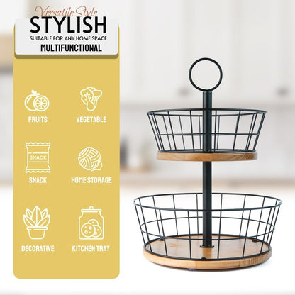 WILDMOS 2 Tier Fruit Bowl - Sturdy Iron Wire Fruit Basket with Real Wood Base, 12 Inch Large Fruit Basket for Kitchen Counter, Anti-Slip Silicone Pads, 2 Tier Fruit and Vegetable Storage Solution