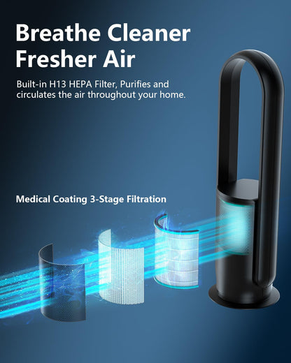 U ULTTY Bladeless Tower Fan and Air Purifier in one, Quiet Tower Fan with Remote, Touch, 9 Speeds, 8H Timer, HEPA Filter 99.97%, 90° Oscillation Fans, Floor Fans Powerful for Home Office Room, Black