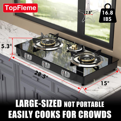 TopFleme 3 Burner Propane Stove 32,300 BTU High-Efficiency Tempered Glass Auto-Ignition Gas Burner Stove Top with CSA Hose for Outdoor RV Camping Emergency Cooking