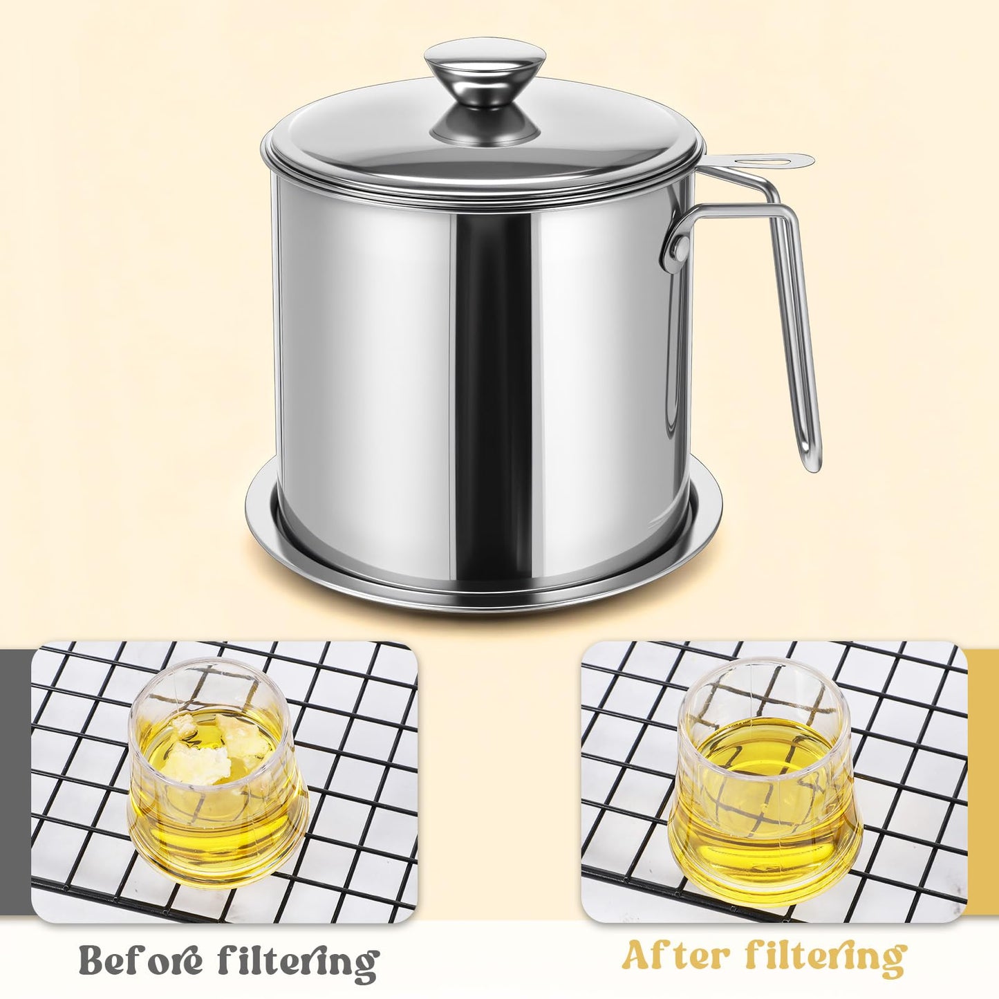 1.8L / 61 oz Bacon Grease Container with Strainer, 304 Stainless Steel Grease Container, Oil Filter with Fine Mesh Strainer and Dust-Proof Lid for Storing Frying Oil