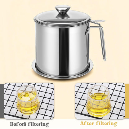 1.8L / 61 oz Bacon Grease Container with Strainer, 304 Stainless Steel Grease Container, Oil Filter with Fine Mesh Strainer and Dust-Proof Lid for Storing Frying Oil