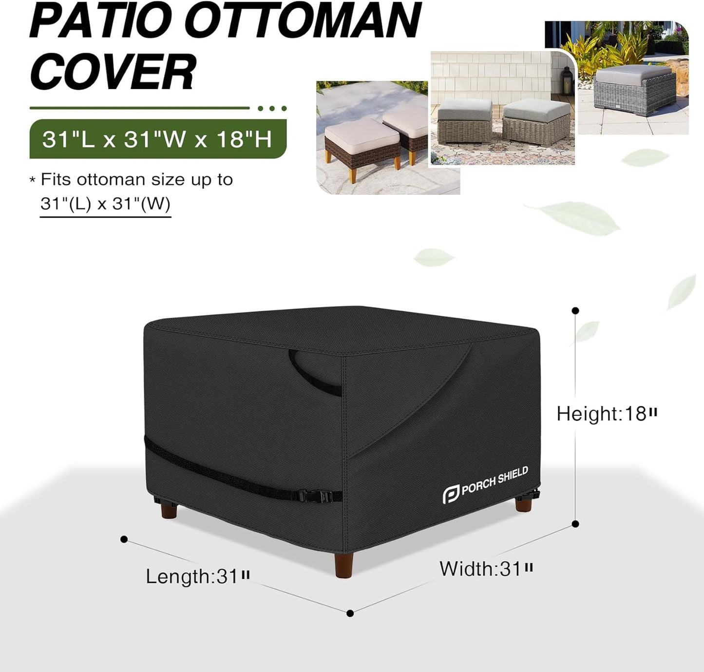 31L 31W 18H inch, Porch Shield Patio Ottoman Cover - Waterproof Outdoor Square Side Table Covers x x Black