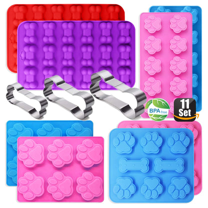 RUGVOMWM Dog Treat Molds Silicone,Dog Paw and Bone Silicone Molds,Non-Stick Food Grade Silicone Moldsfor Chocolate,Candy,Jelly,Dog Treats - Set of 11