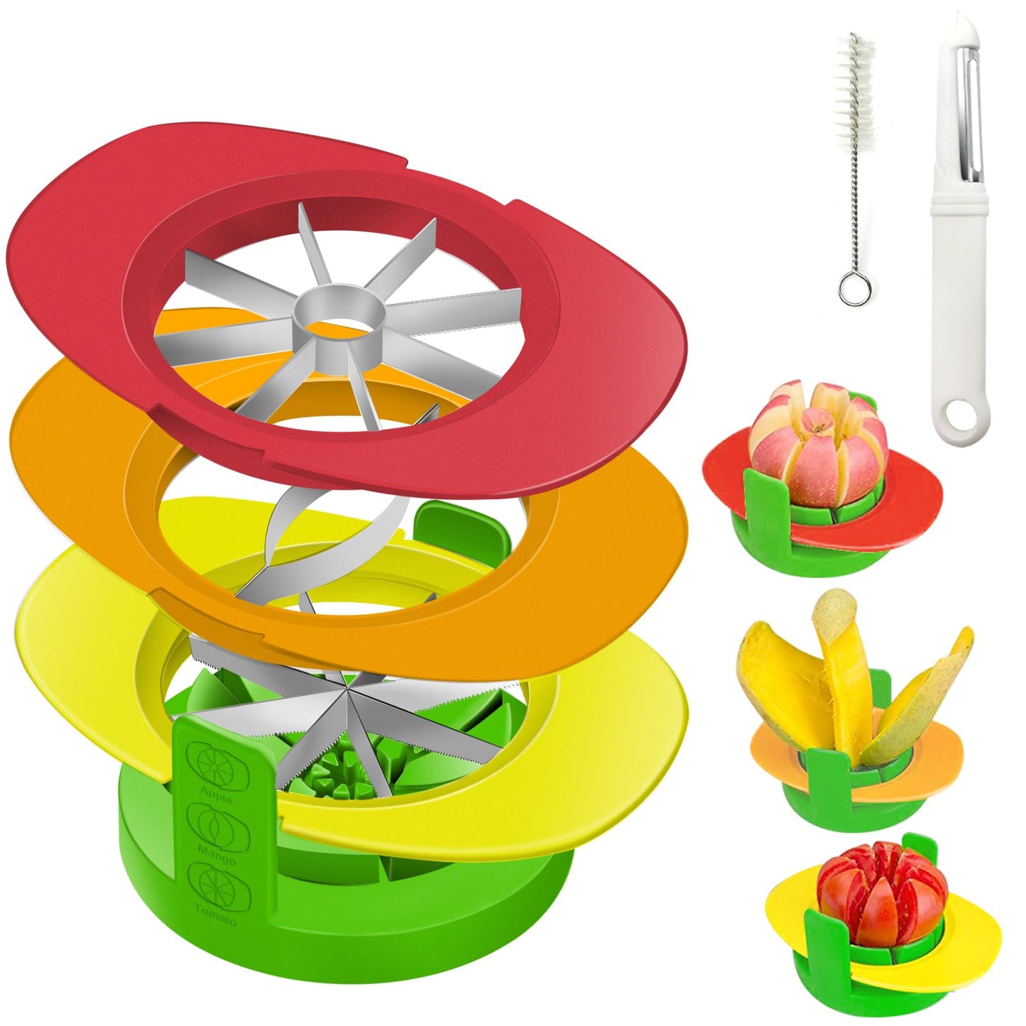 Fruit Cutter Slicer, 4 in 1 Apple Slicer with Vegetable Peeler & Cleaning Brush Mango Cutter Corer Remover Tomato Wedges Stainless Steel Heavy Duty Fruit & Vegetable Cutter Easy Kitchen Tool