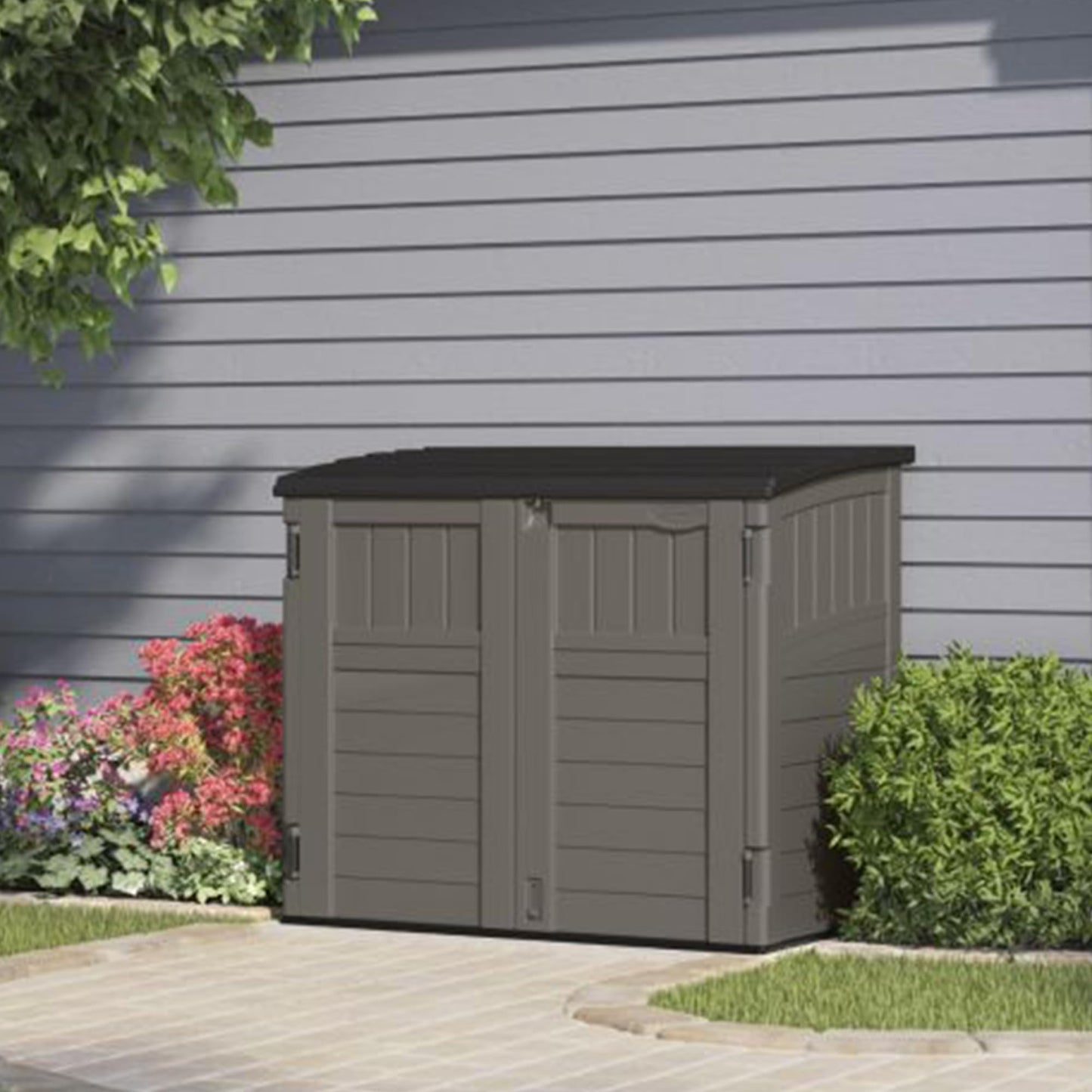 Suncast 34 Cu Ft Horizontal Resin Storage Shed - Outdoor Storage Shed with Floor Included, Lockable, Weatherproof, Fits Small to Medium Trash Cans, Generators, & Garden Tools, Stoney Black