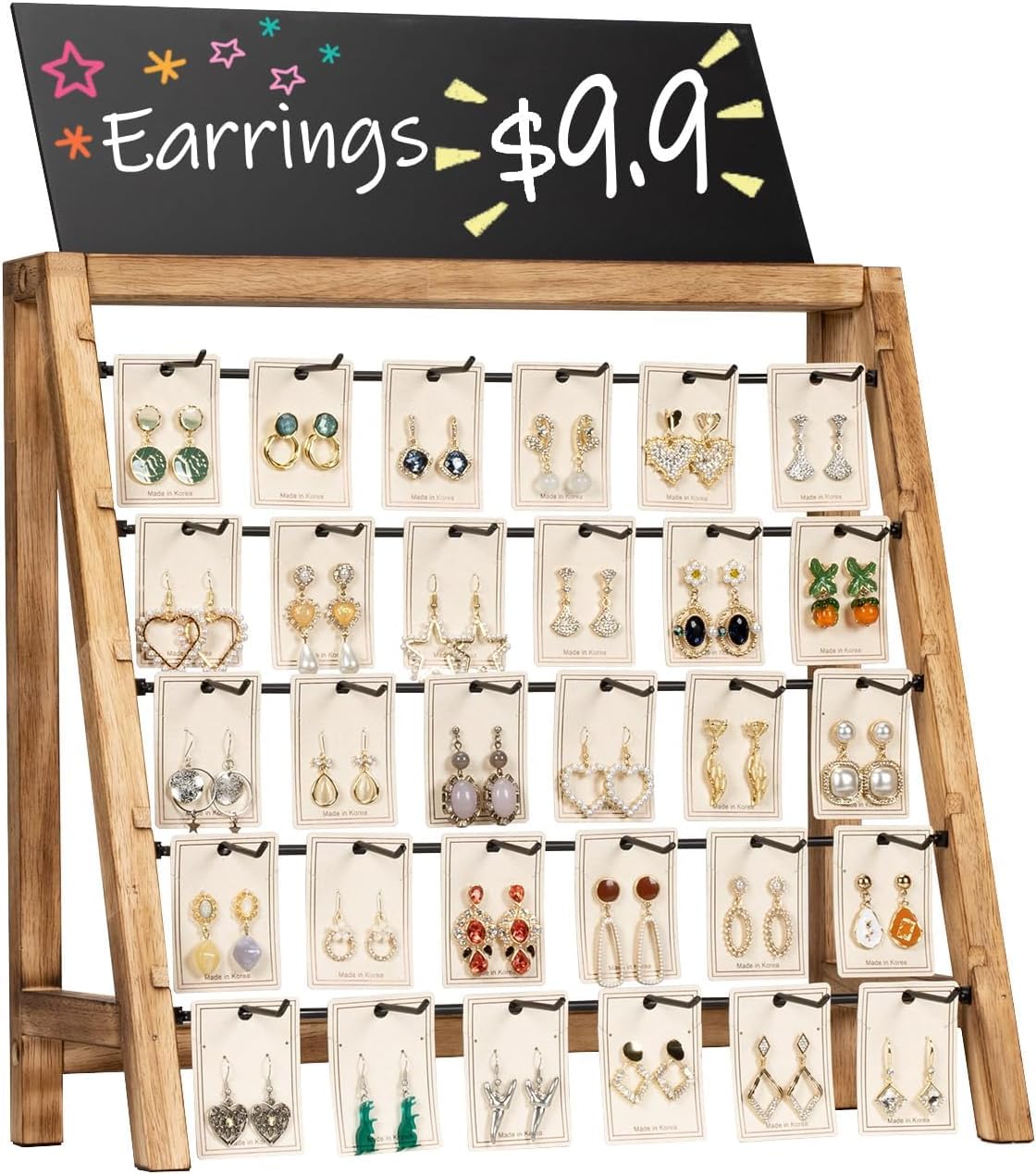 Poyilooo Jewelry Display for Vendors Selling, Wood Earring Bracelet Keychain Display for Vendors with Adversitsing Board 30 Hooks, Large Capacity Jewelry Holder Display Stands Rack for Earring Card