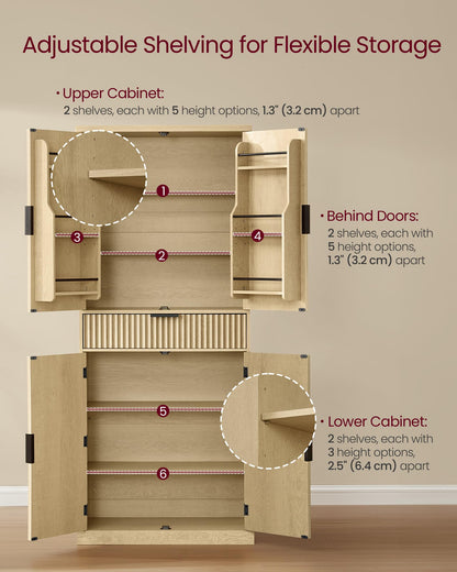 VASAGLE MAXE Collection - Pantry Cabinet, 70.6-Inch Tall Storage Cabinet with Drawer, 6 Adjustable Shelves, 2 Cabinets, Fluted Doors, Mid Century Modern, for Kitchen Living Room, Oak Beige UBBK365Y01