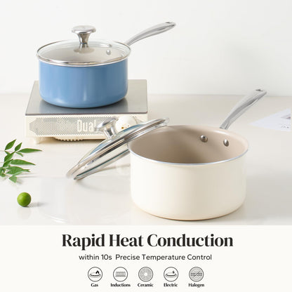 Redchef Ceramic Sauce Pan with Lid, 2.5QT Small Saucepan, Nonstick Cooking Pot with Stay-Cool Handle, Kitchen Non Toxic Soup Pot, PTFE & PFOA Free, Oven Dishwasher Safe, Compatible All Stovetops-Beige