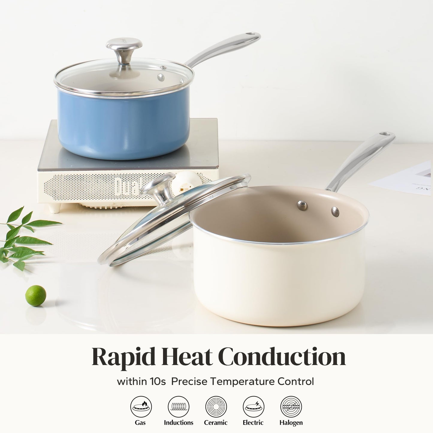 Redchef Nonstick Ceramic Sauce Pan with Lid, 2.5QT Small Cooking Pot with Stay-Cool Handle, Kitchen Non Toxic Soup Pot, PTFE & PFOA Free, Oven & Dishwasher Safe, Compatible with All Stovetops-Blue