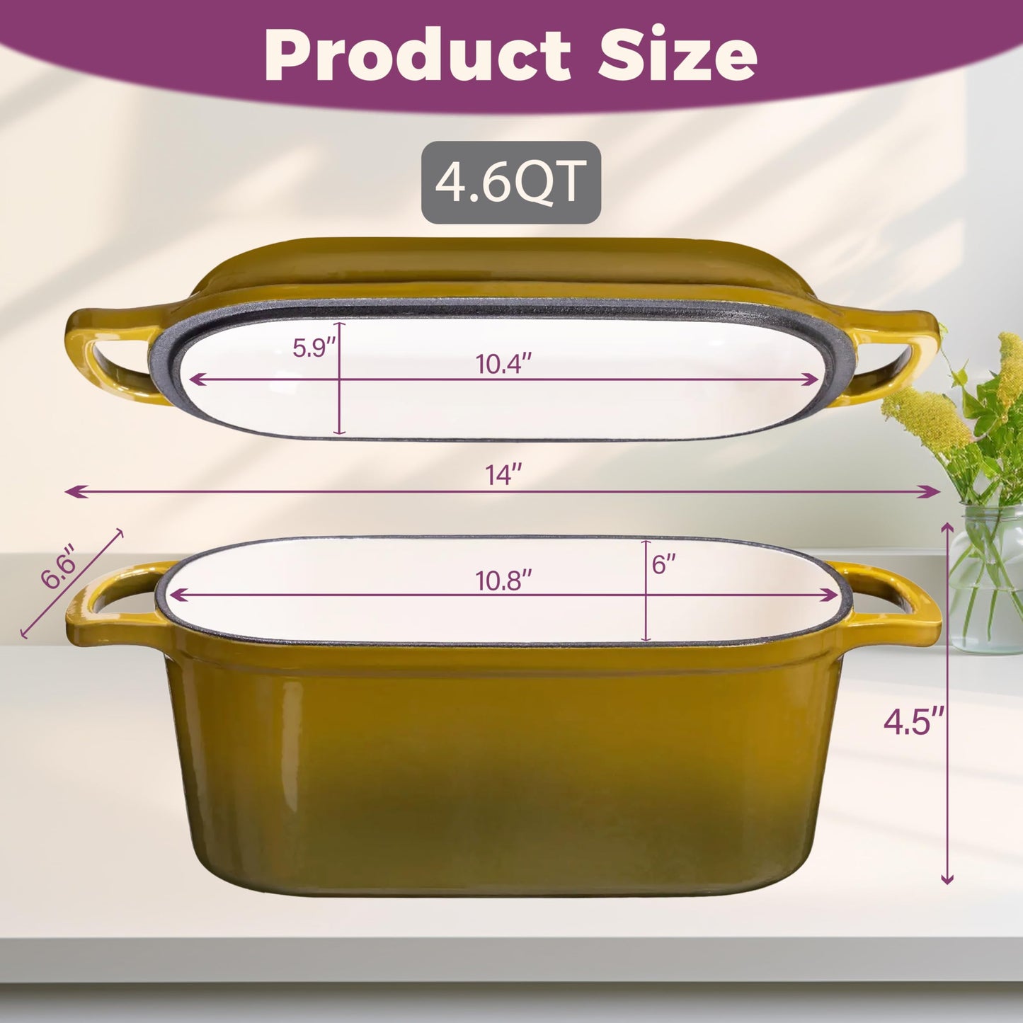 Vanderlume 4.6-Quart Oval Dutch Oven for Bread Baking, 2 in 1 Cast Iron Bread Pan with Lid, Sourdough Baking Pan for a Crispy Crust, Olive
