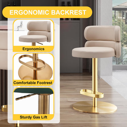 CAROCC Fireproof Leather Swivel Bar Stool Adjustable Airlift Counter Height Bar Stool Kitchen Dining Cafe Hydraulic Bar Chair with Padded Back，Gold Chromed Metal Base (1PCS Khaki)