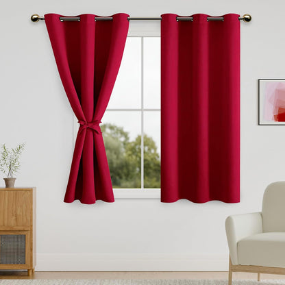 DWCN Blackout Short Curtains with Tiebacks, Thermal Insulated Grommet Window Curtains for Living Room, 38 x 45 inch, Red