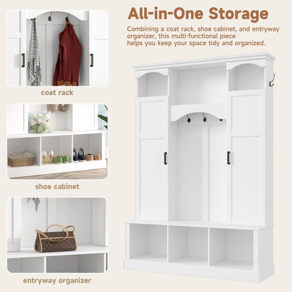 Merax Hall Tree with Bench and Shoe Storage 77.3" Tall with Adjustable Shelves, Modern All-in-One Entryway Bench with 2 Side Cabinets & 7 Hooks, Elegant Arched Design, 55.1"L x 15.7"W (White)