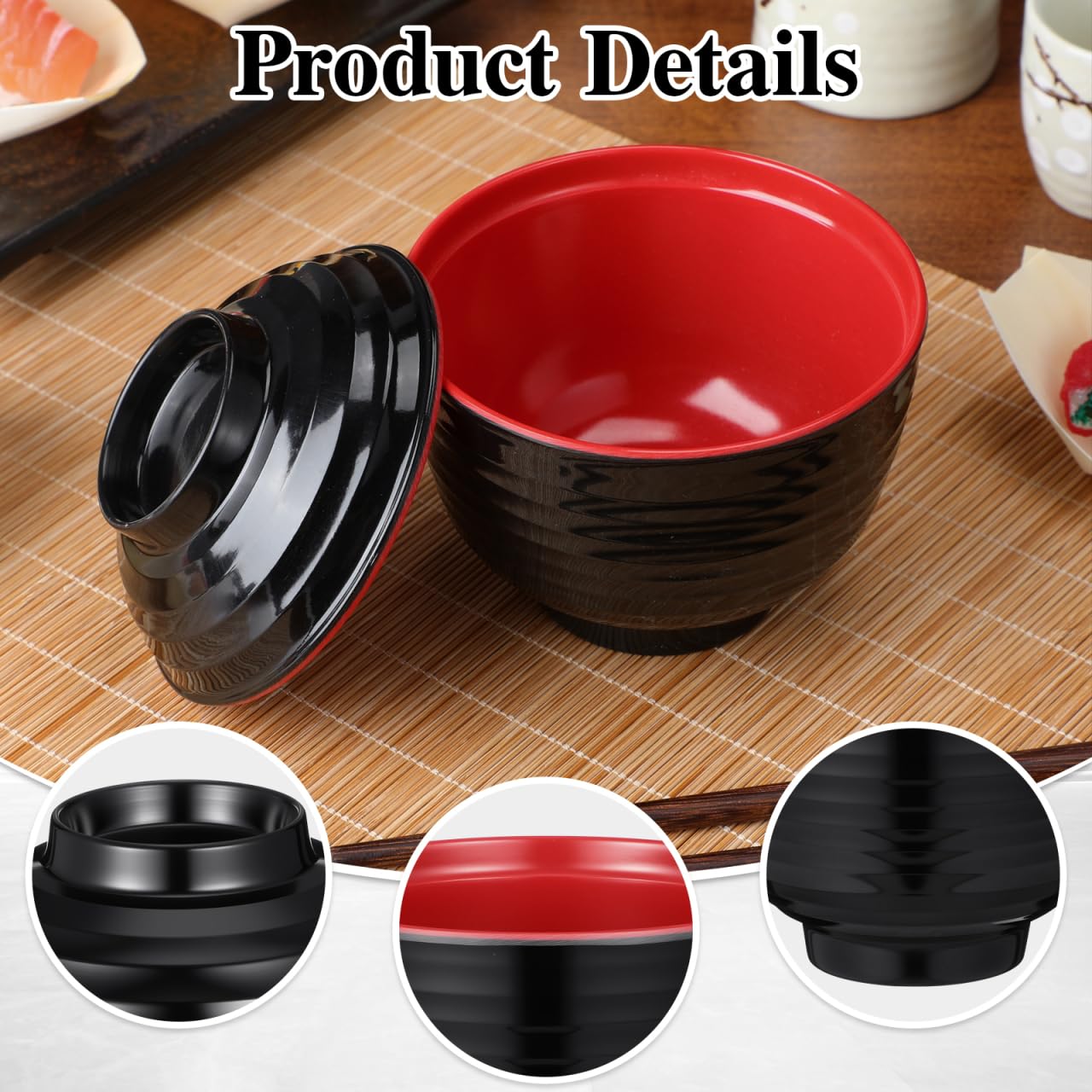 Luxshiny 3 Set Japanese Style Miso Soup Bowls Lids Bowls Hot Pot Rice Noodles Salad Traditional Lacquered Design Microwave Dishwasher Safe