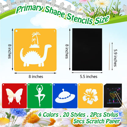 20 Pieces Stencils for Kids with 5 PCS Scratch Paper, 8 x 8 Inch Large Stencils Washable Craft Fun Chalk Template for Boys and Girls to Learn Painting