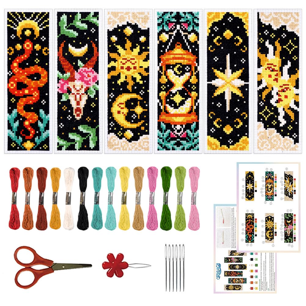 ORIGACH 6 Pcs Cross Stitch Bookmark Kit for Beginner Adults, Tarot The Sun and Star Stamped Embroidery Bookmark Kit with Instruction for Starters Printed Cross Stitch DIY Kits for Book Lovers