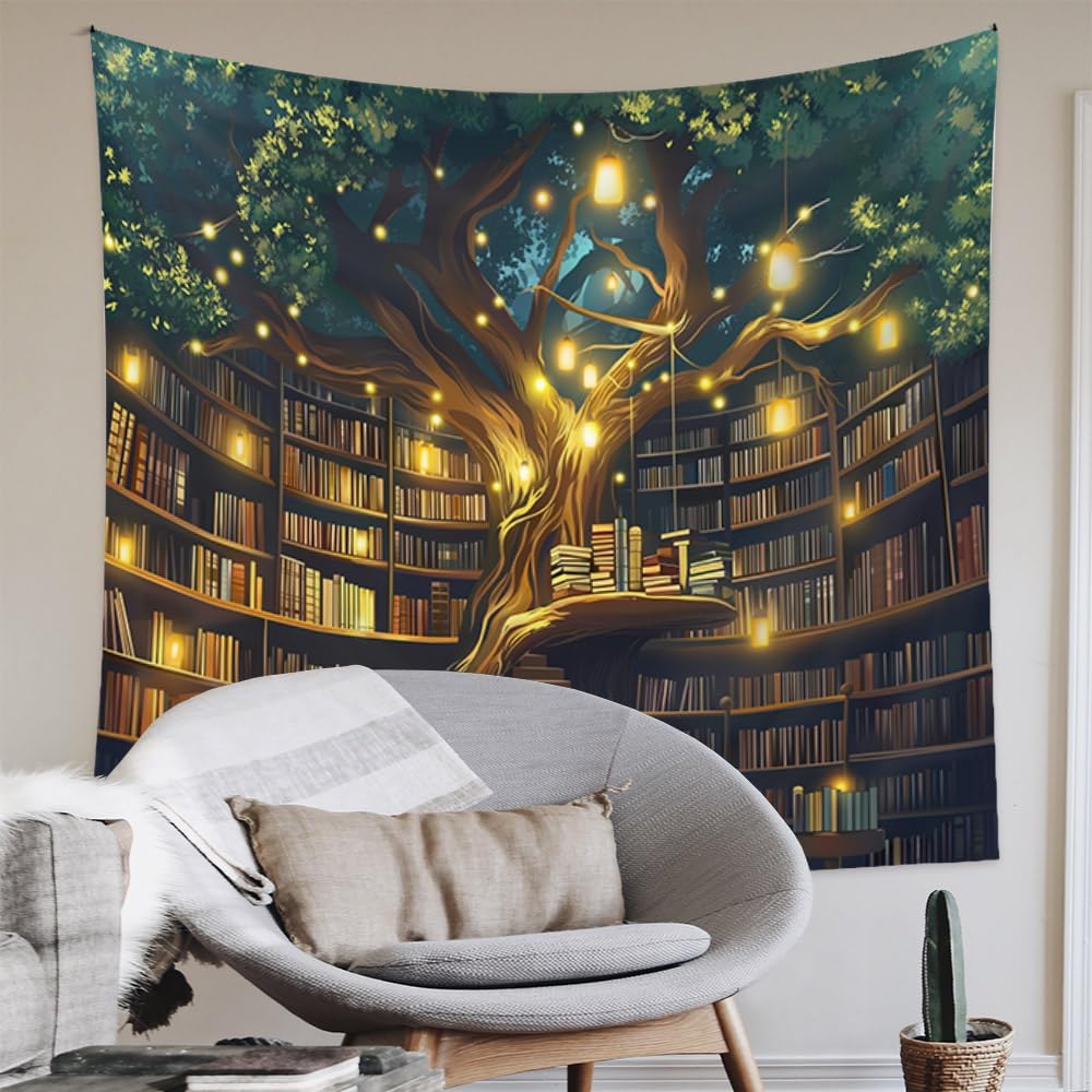 36"x48" Jhdstore Tree of life Tapestry Wall Hanging Fantasy Library Tapestry for Bedroom Mysterious Tree Bookshelf