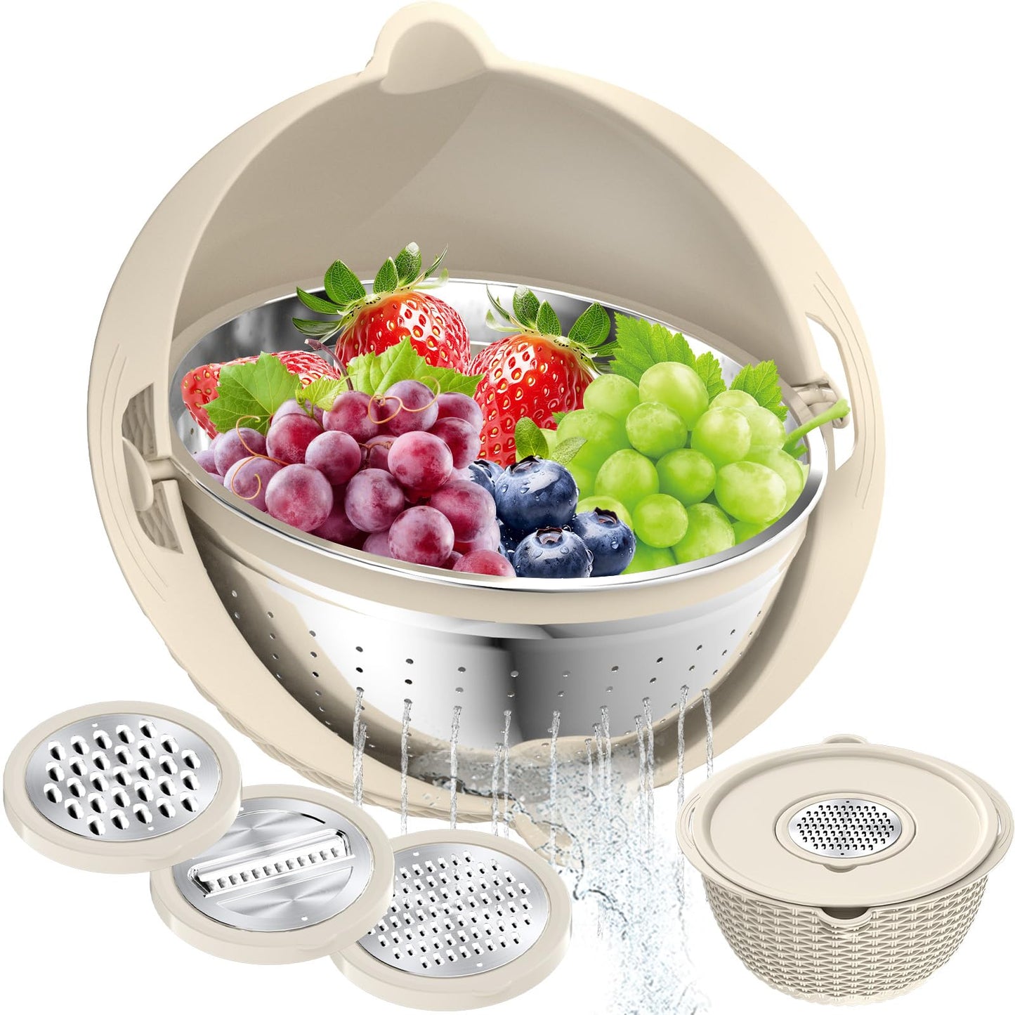 4-1 Colander with Bowl Set, Food Strainers and Colanders, Fruit Washing Bowl with Strainer, Rotatable Colander for Kitchen, Aesthetic Kitchen Gadget, Christmas & New Year Gifts - Beige