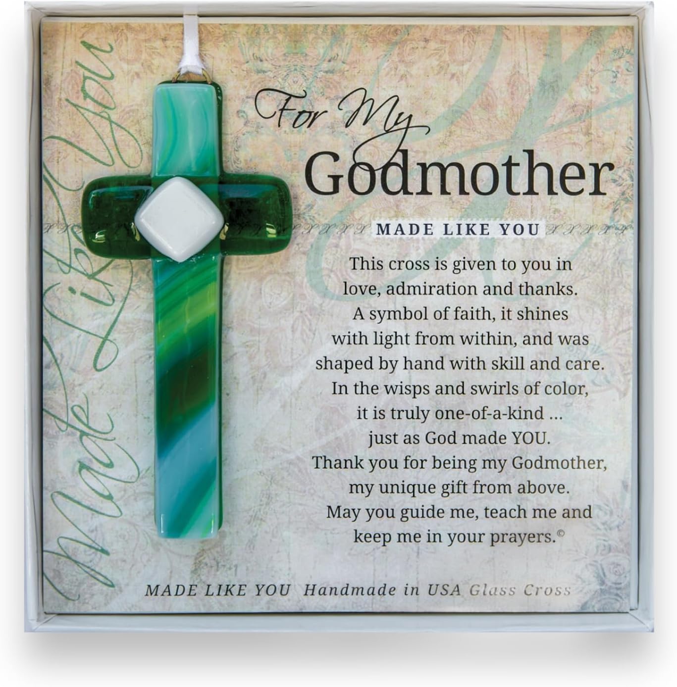Handmade USA Glass Cross with Sentiment for Godmother - Gift from Goddaughter/Godson/Godchild for