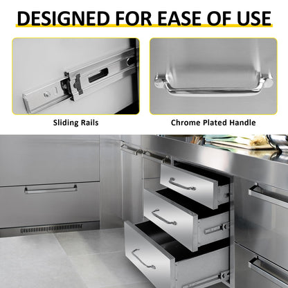 SGOLAN Outdoor Kitchen Drawers 18" W x 21" H x 23" D Flush Mount Triple BBQ Drawers with Chrome Handle Stainless Steel Drawer for Outdoor Kitchen Island, Patio Grill Station