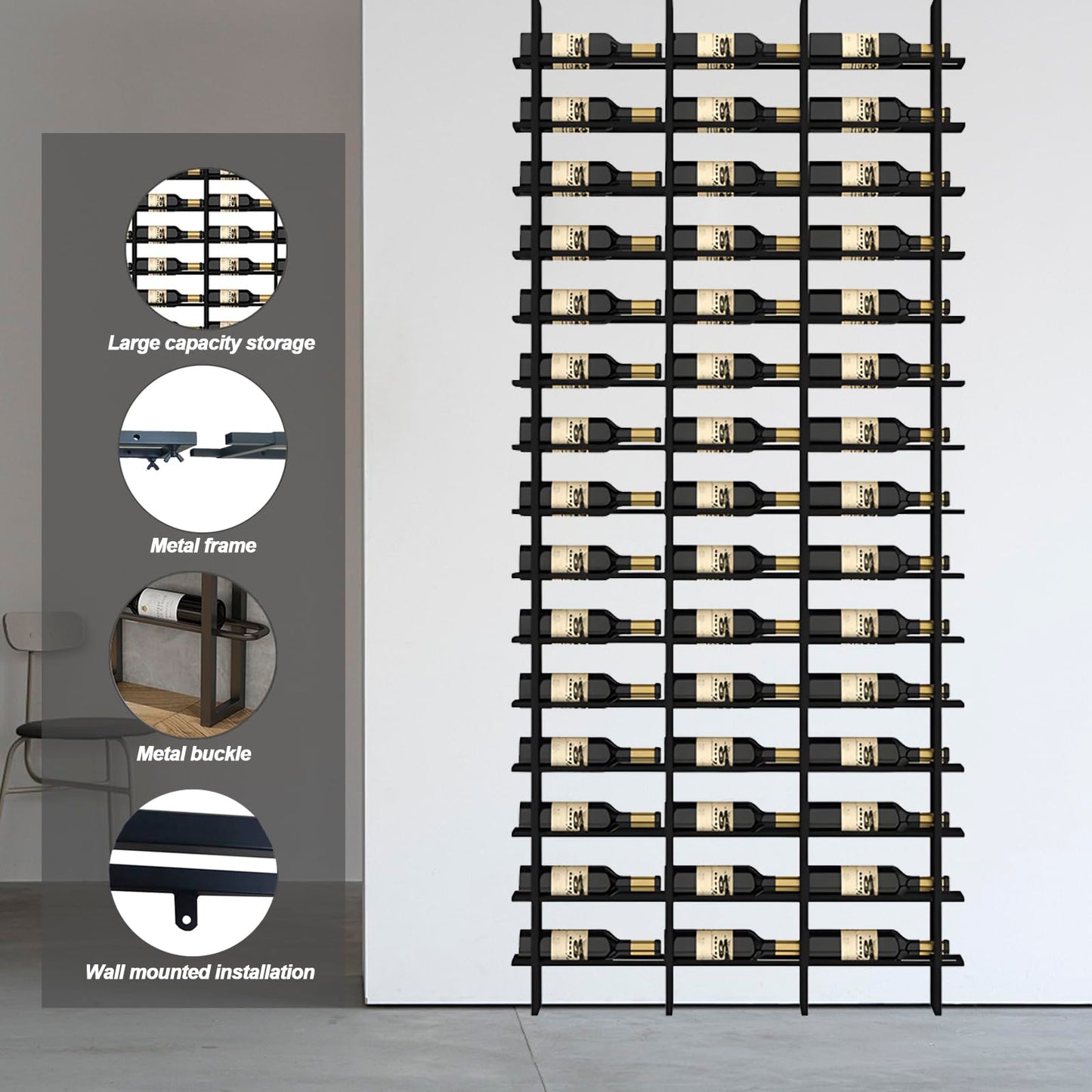 RAJYQODIS Large Wall Mount Wine Rack, 16 Tier 80 Bottle Wine Storage Organizer Display Holder, Modern Metal Wine Storage for Wine Cellars, Home Bars, Kitchens, and Dining Rooms