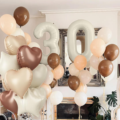 Skiennix 30 Balloons Decor - Beige Nude Apricot Foil Star & Heart Balloons | 40'' White Sand Helium Number 30 for 30th Birthday & Wedding Anniversary Celebrations