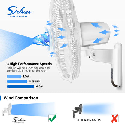 Simple Deluxe 16 Inch Wall Mount Fan with Remote Control, 3 Oscillating Modes, 3 Speed, Timer, 1 Pack