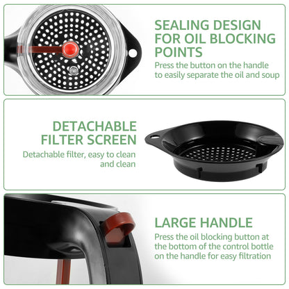 Fat Separator with Bottom Release and Oil Strainer Gravy Separator 4 Cups or 1000ml Fat Strainer Measuring Cup Plastic Soup Oil Separator Fat Skimmer for Gravy Sauces and Other Liquids Black