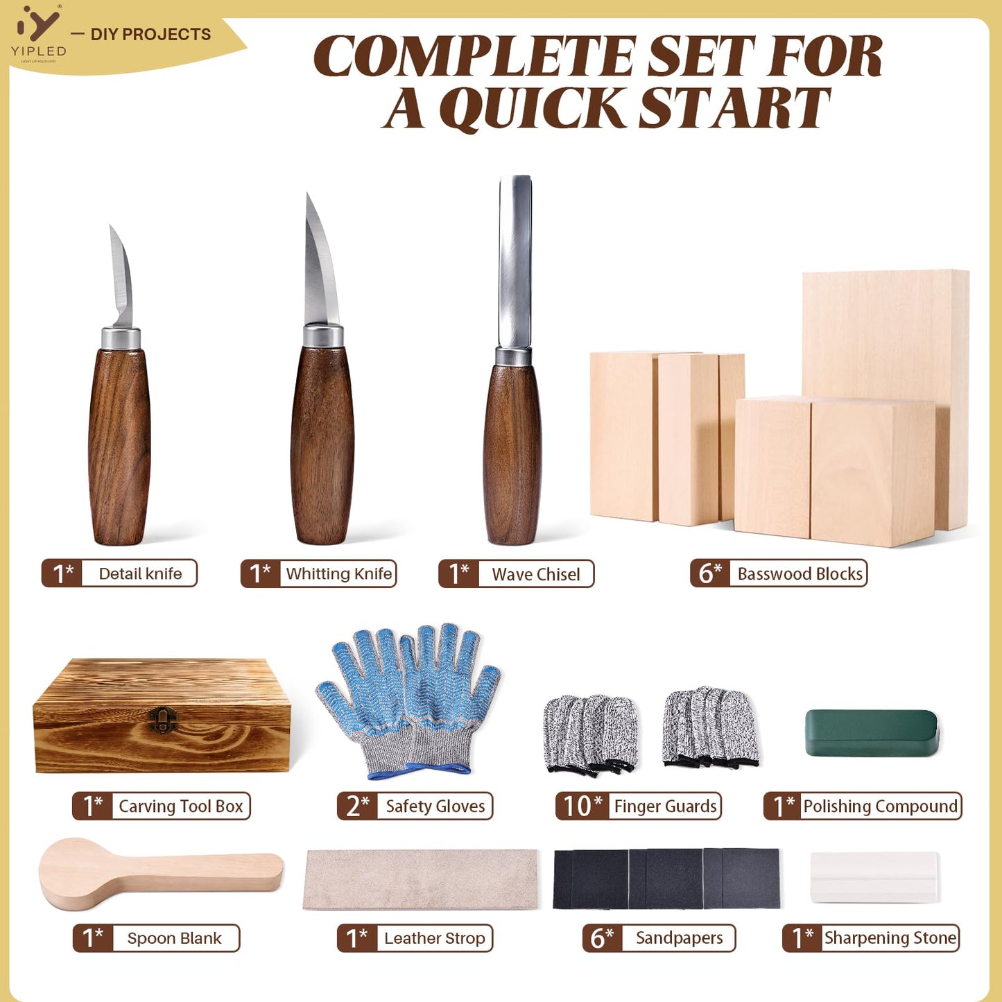 Wood Carving Kit for Beginners, Wood Carving Tools with 3Pcs Whittling Knife 7Pcs Basswood Carving Blocks, Grade 5 Anti Cutting Gloves, Leather Strop, Polishing Compound, Entry-Level Carving Gift Set