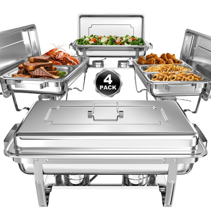 SIFER Chafing Dishes for Buffet 9Qt 4 Pack with Multi-Size Food Pans-Screwless Installation Chafing Dish Buffet Set,Foldable Handles Stacking Design,Stainless Steel for events,Silver