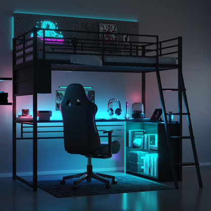 Merax Twin Size Metal Loft Bed with LED, Desk, 4 Storage Shelves, Full-Length Guardrails and Ladder for Kids Teens Adults, Black