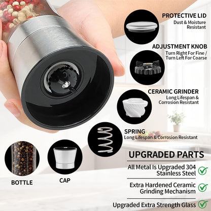 Premium Salt and Pepper Grinder Set of 2, Refillable Stainless Steel Spice Shakers with Adjustable Coarseness, Easy Clean Durable Ceramic Mills, Include Silicone Funnel & Cleaning Brush (7.5"H-2 Pack)